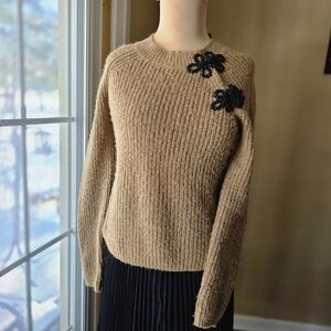 J.Crew Tan Beaded Floral Sweater Alpaca Wool Blend Chunky Rib Knit Women's XXS